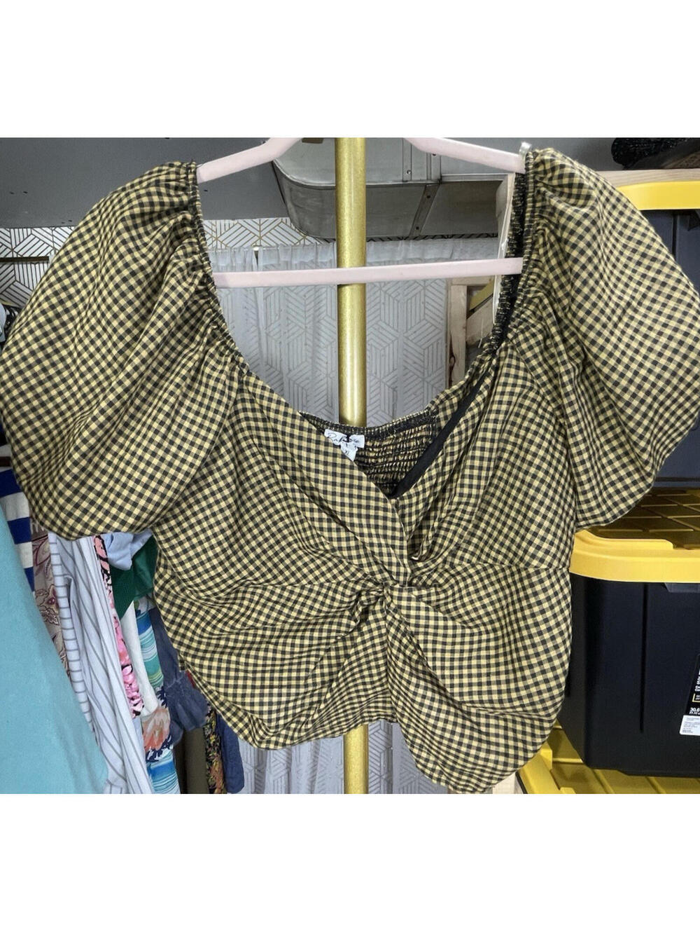 Rabbit Rose Gingham Plaid Puff Sleeve Crop Top XL Black Gold Coquette Y2K Blouse